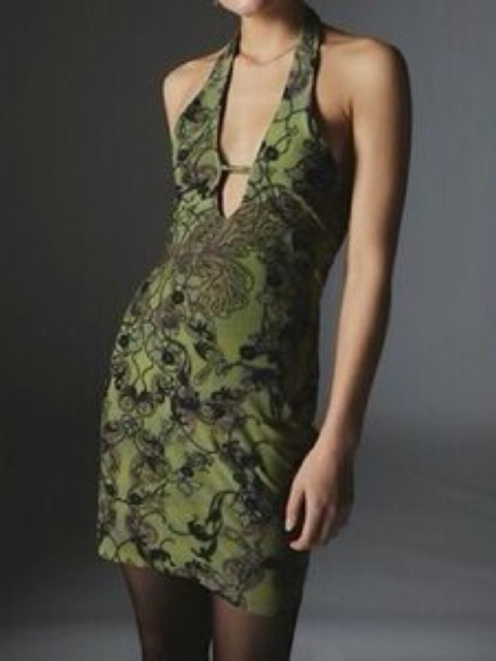 Silence + Noise Women’s Halter Mini Dress Sheer Green Floral Size L NWT